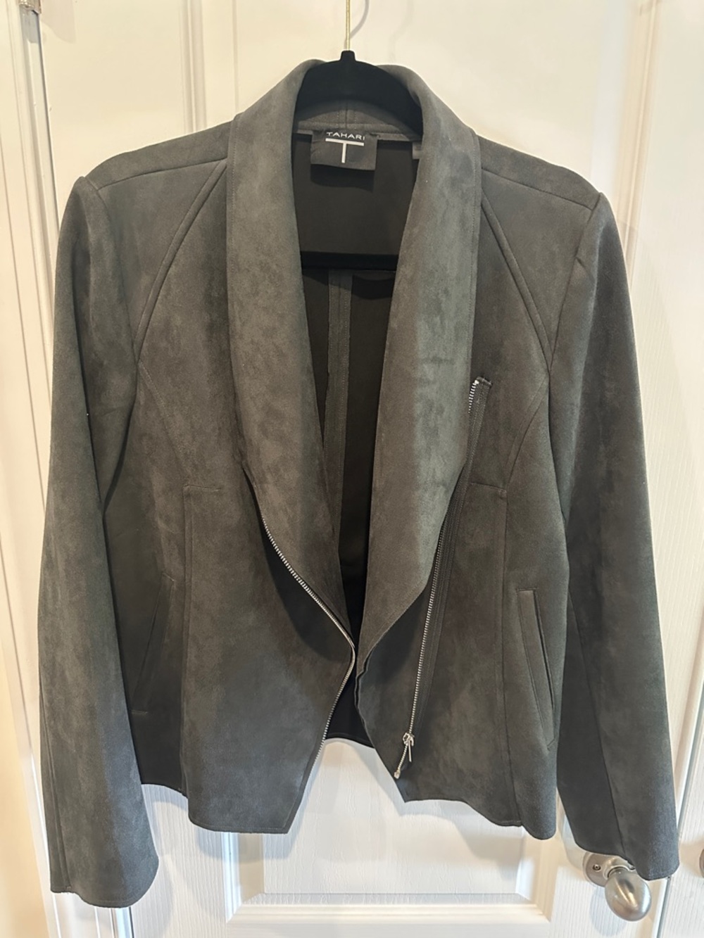 Tahari Gray Suede Open Drape Moto Jacket